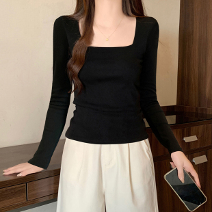 黑色法式方领打底衫女内搭2025新款秋季纯棉低领修身长袖紧身上衣