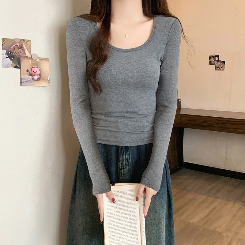 灰色圆领针织打底衫女内搭2025新款早秋设计感修身气质长袖上衣