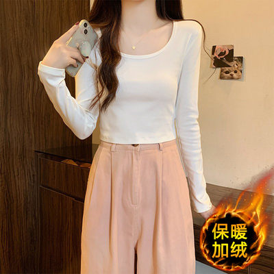 2025新款秋冬季白色圆领打底衫女内搭加绒短款小个子保暖长袖上衣