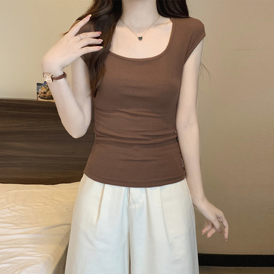 咖啡方领纯欲背心短袖女t恤新款