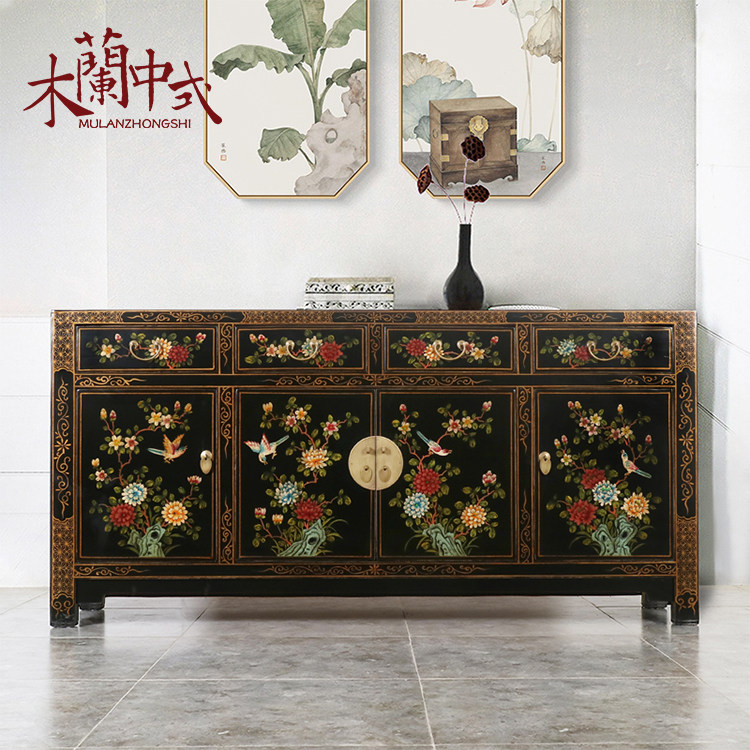 新中式家具彩绘餐边柜4门仿古实木玄关门厅装饰储物柜鞋柜酒水柜
