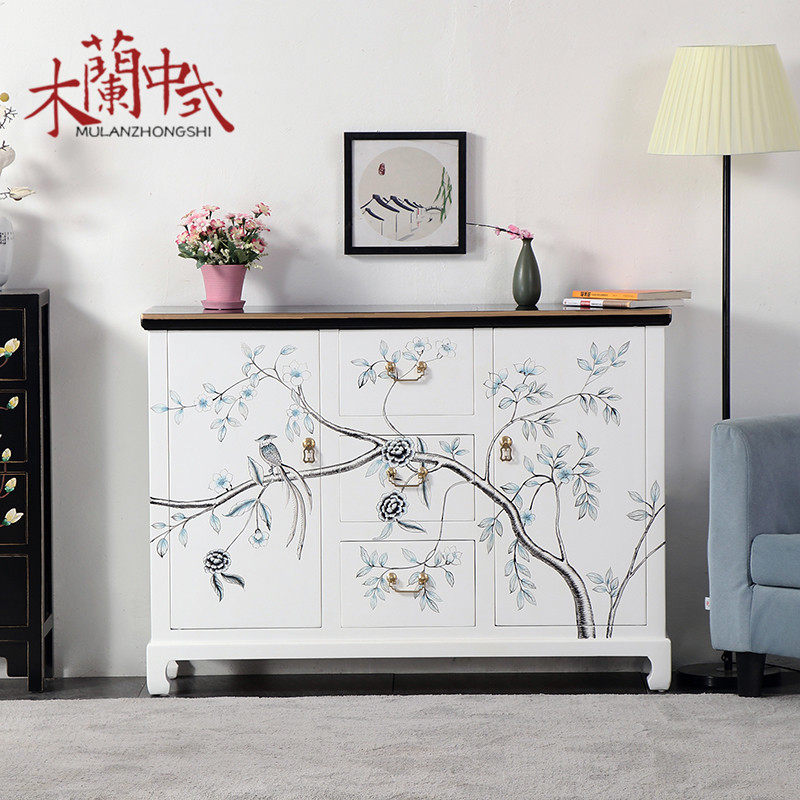 新古典中式彩绘玄关柜实木仿古手绘简约田园乡村风格卧室柜餐边柜