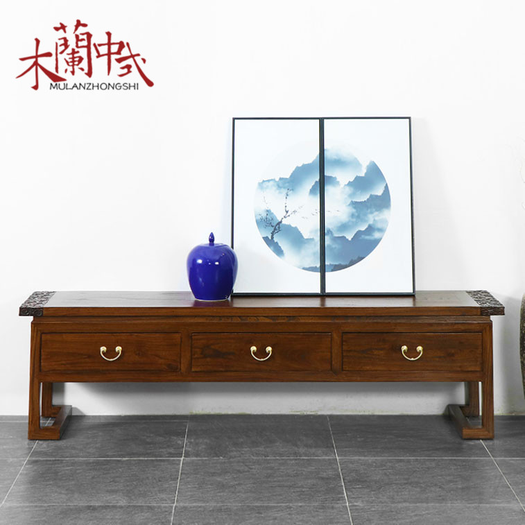 新中式老榆木电视柜实木古典储物地柜客厅视听柜古典雕花柜胡桃色