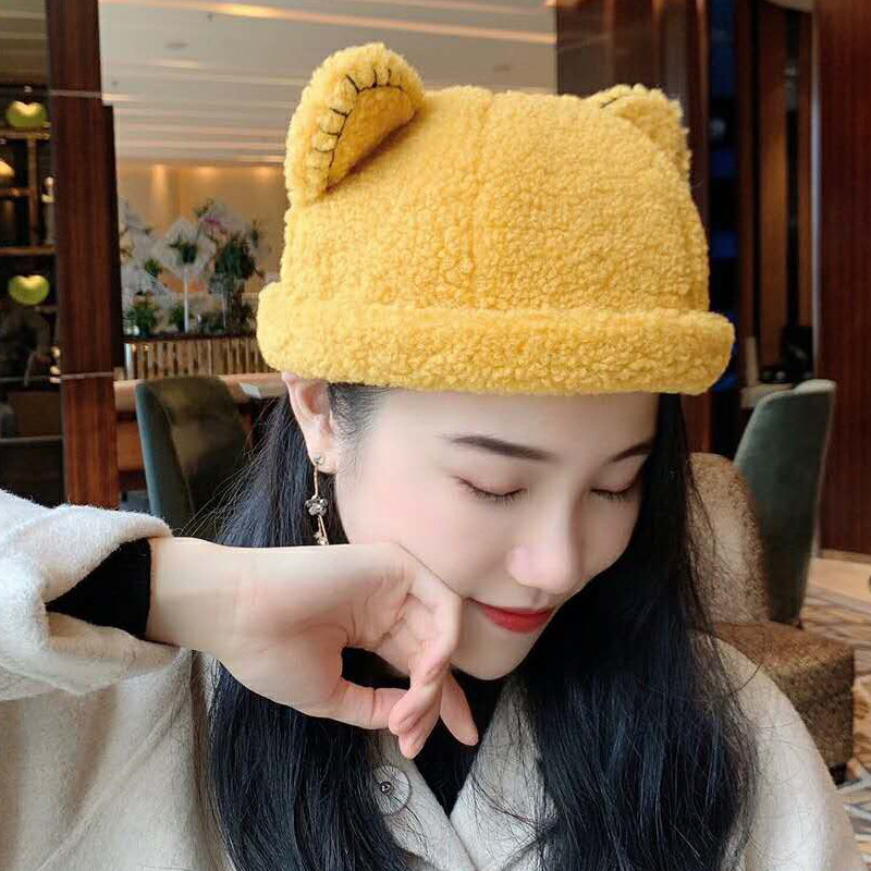 羊羔毛帽子女秋冬季韩版百搭可爱甜美瓜皮帽日系保暖造型地主帽潮