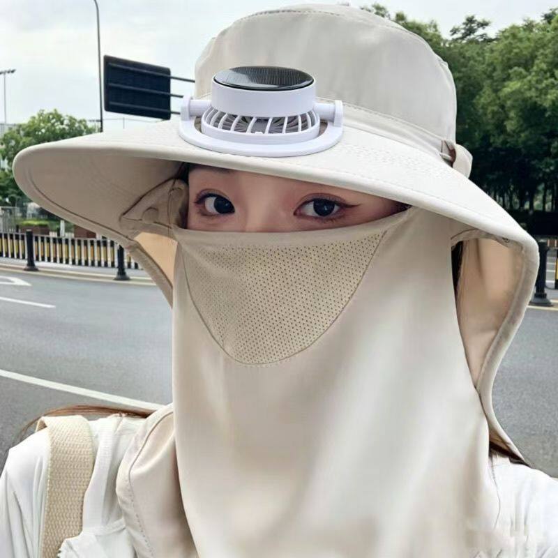 太阳能风扇帽女夏季户外大檐遮脸护颈一体防晒帽全脸防紫外线