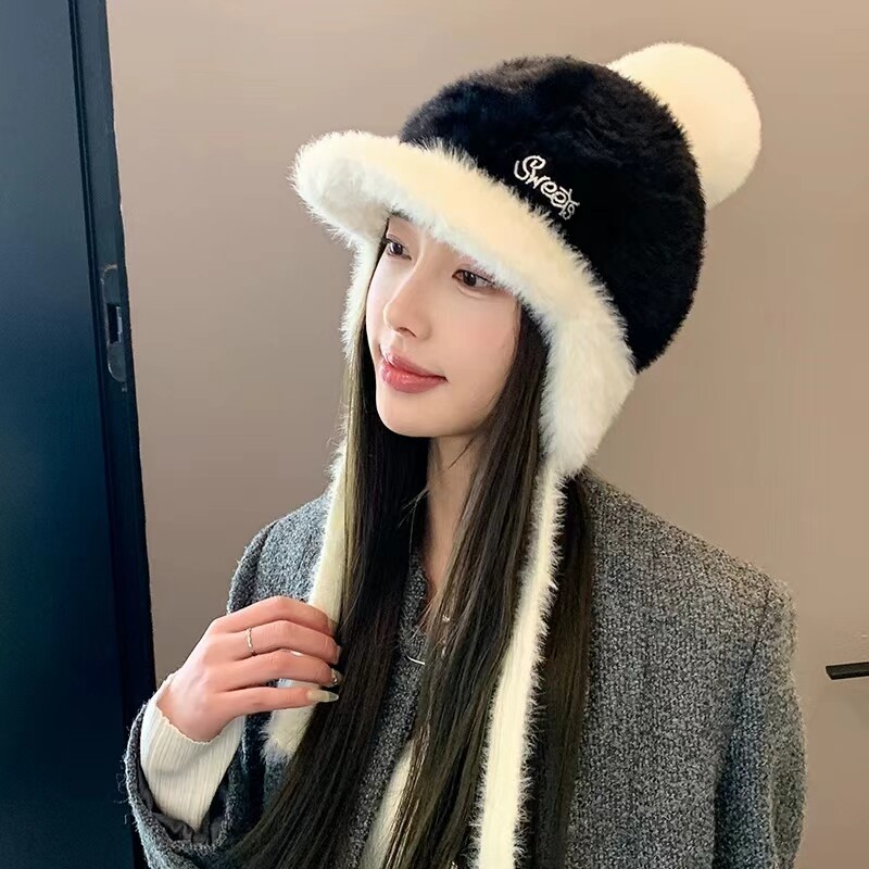 毛毛帽子女秋冬季兔毛绒绒保暖加绒时尚百搭护耳显脸小毛球鸭舌帽