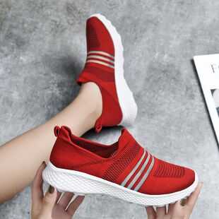 新款 夏季 飞织运动透气网鞋 韩版 弹力袜子鞋 百搭一脚蹬女鞋 女懒人鞋