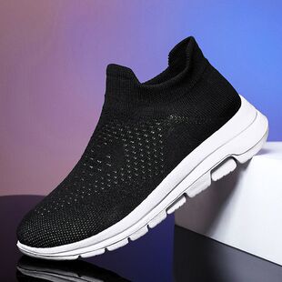 大码 透气轻便软底旅游健步袜子鞋 徒步鞋 运动飞织网鞋 男 男夏季 时尚