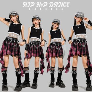 少儿爵士舞服装露脐黑背心不规则裙裤舞蹈服套装jazz女孩街舞表演