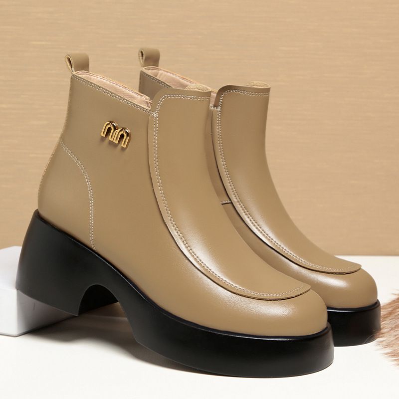 厚底松糕鞋女秋冬短靴2025新款英伦风皮鞋保暖靴子妈妈皮棉鞋