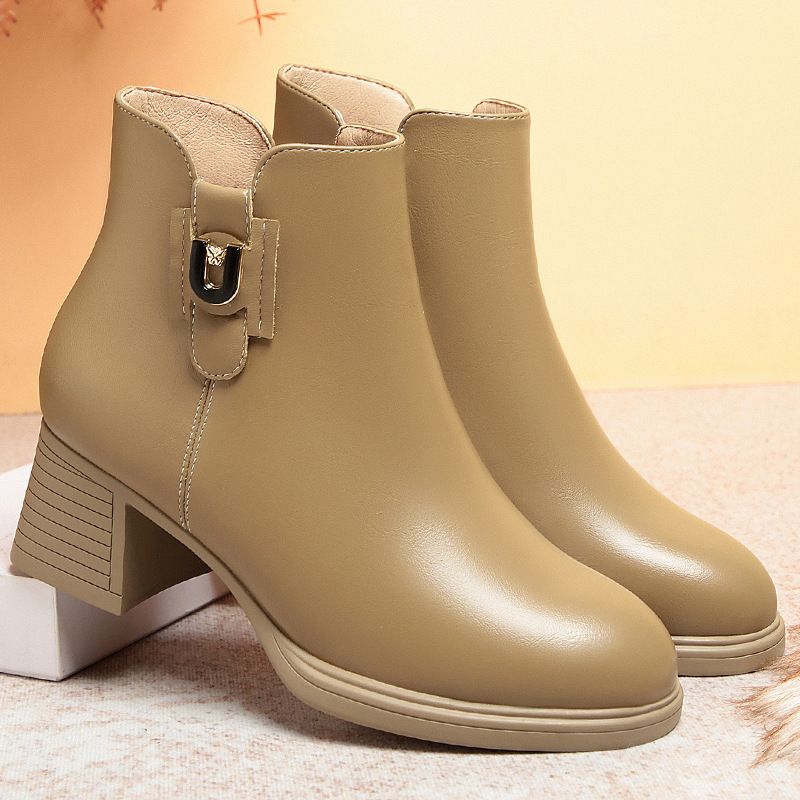 简约高级粗跟短靴女新款秋冬季棉鞋瘦瘦靴圆头中跟短筒靴皮鞋