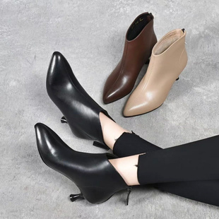 秋季 2025年新款 软皮女鞋 小跟短靴女尖头中跟皮鞋 高跟马丁靴 秋冬季