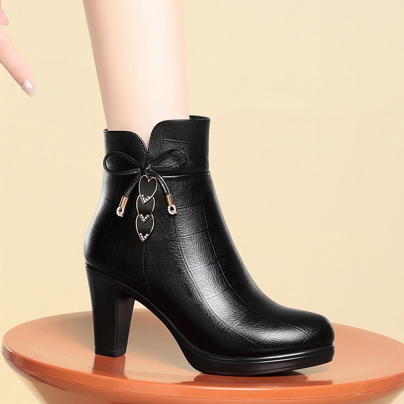 简约高级秋冬时尚粗跟棉靴防水台轻便舒适简约拉链短筒高跟靴女鞋