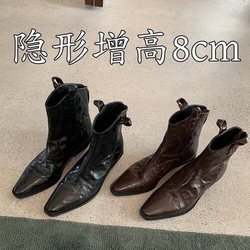 内增高8CM尖头V口西部靴女切尔西法式复古褶皱瘦瘦靴粗跟短靴子女