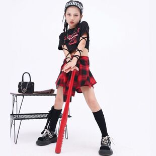 爵士舞演出服装女童潮服模特走秀表演服套装少儿格子裙舞蹈服