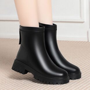 新款秋冬季保暖后拉链软皮粗跟女工作鞋时尚舒适防滑马丁靴女