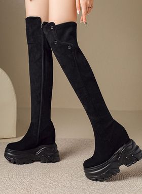 14cm内增高弹力靴皮质过膝靴小个子高跟秋冬防水台厚底长靴