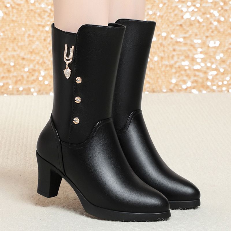 中筒靴女2025新款女秋冬中靴保暖女靴子中老年妈妈鞋子皮棉靴