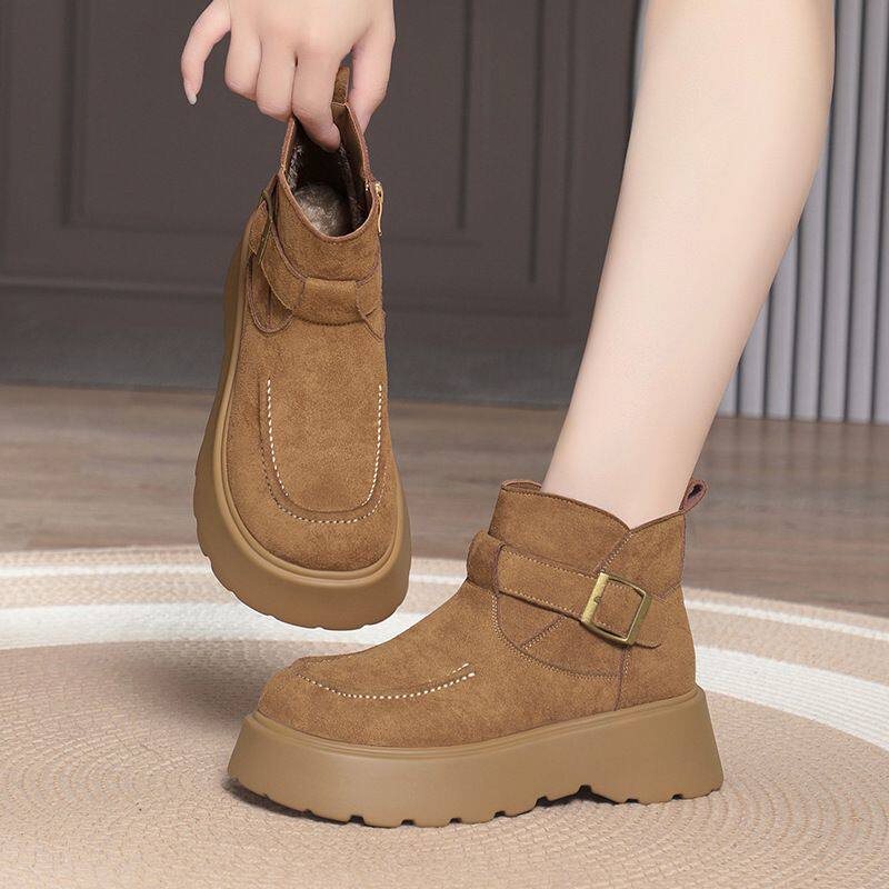 简约高级松糕厚底雪地靴百搭马丁靴勃肯鞋女冬季棕色复古短靴
