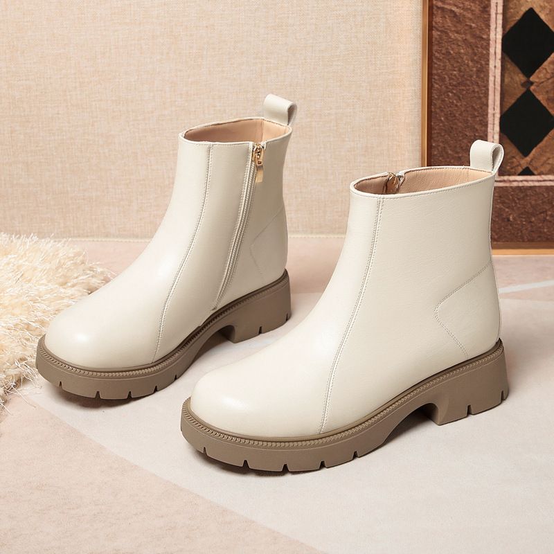 软皮切尔西短靴女2025新款春秋单靴中跟粗跟马丁靴秋冬季靴子