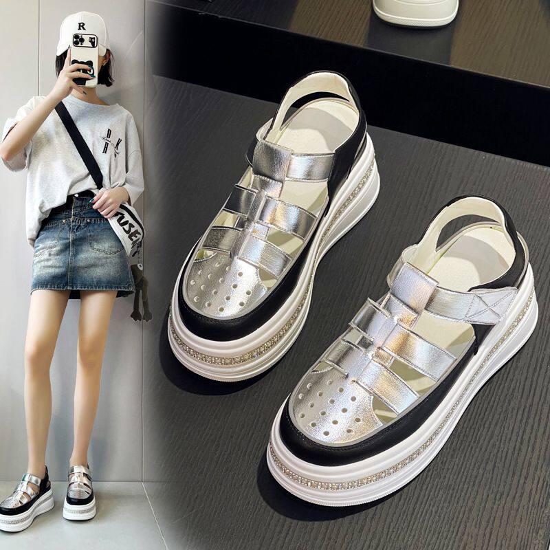 罗马包头凉鞋女2026夏季新款镂空松糕厚底增高小白鞋女真皮洞洞鞋