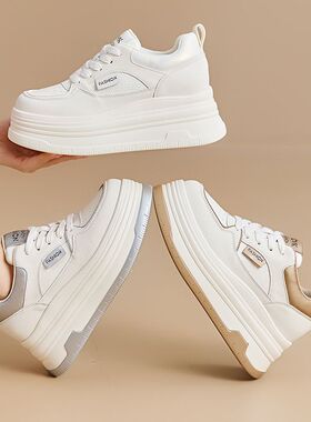 鞋子女春8CM增高鞋真皮圆头百搭厚底小白鞋女高级感女式休闲单鞋