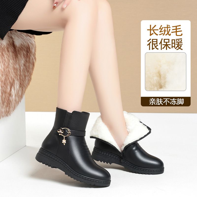 冬季圆头时尚保暖女靴加厚舒适百搭中跟短筒棉鞋洋气中老年靴