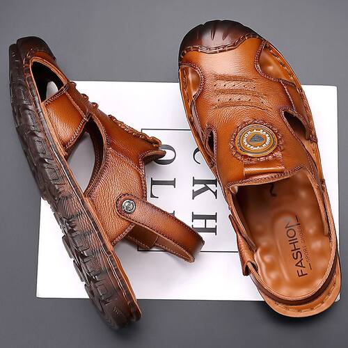 夏季男式皮凉鞋两用真皮手工包头凉鞋男防滑软底沙滩鞋凉拖潮透气