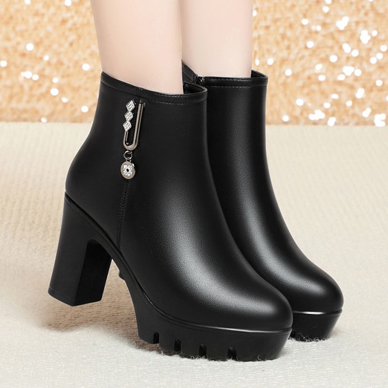 简约高级高跟女鞋中年妈妈棉鞋短靴女皮鞋厚底秋冬短筒女靴子