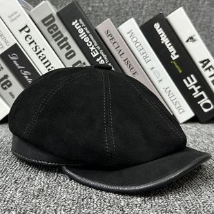 新款简约画家帽磨砂皮质男女款秋冬季鸭舌八角前进保暖皮帽子