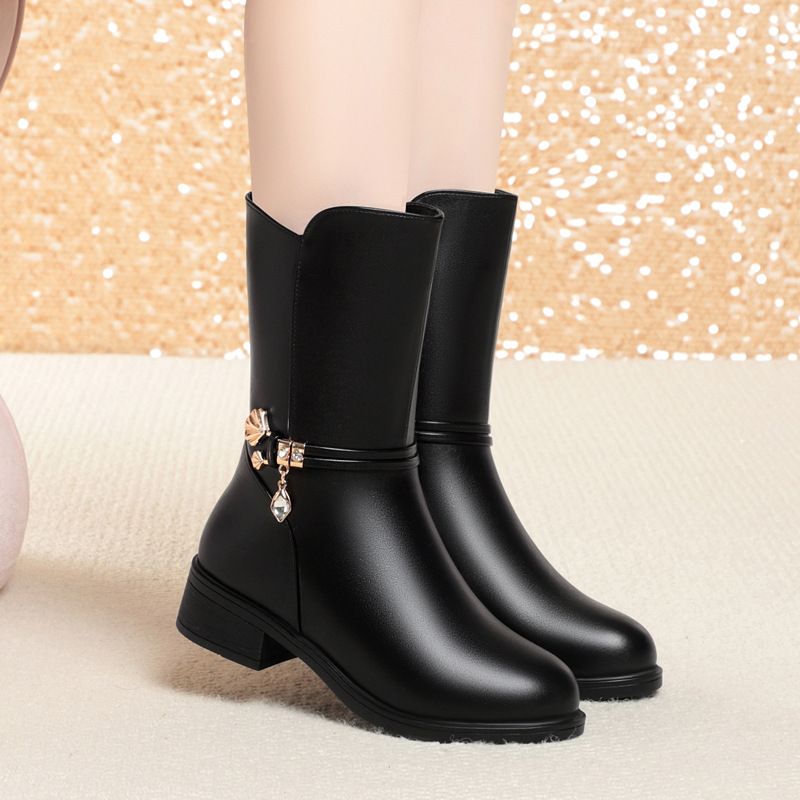 简约高级女鞋中筒靴女冬季棉鞋粗跟皮鞋软底中靴中老年妈妈靴