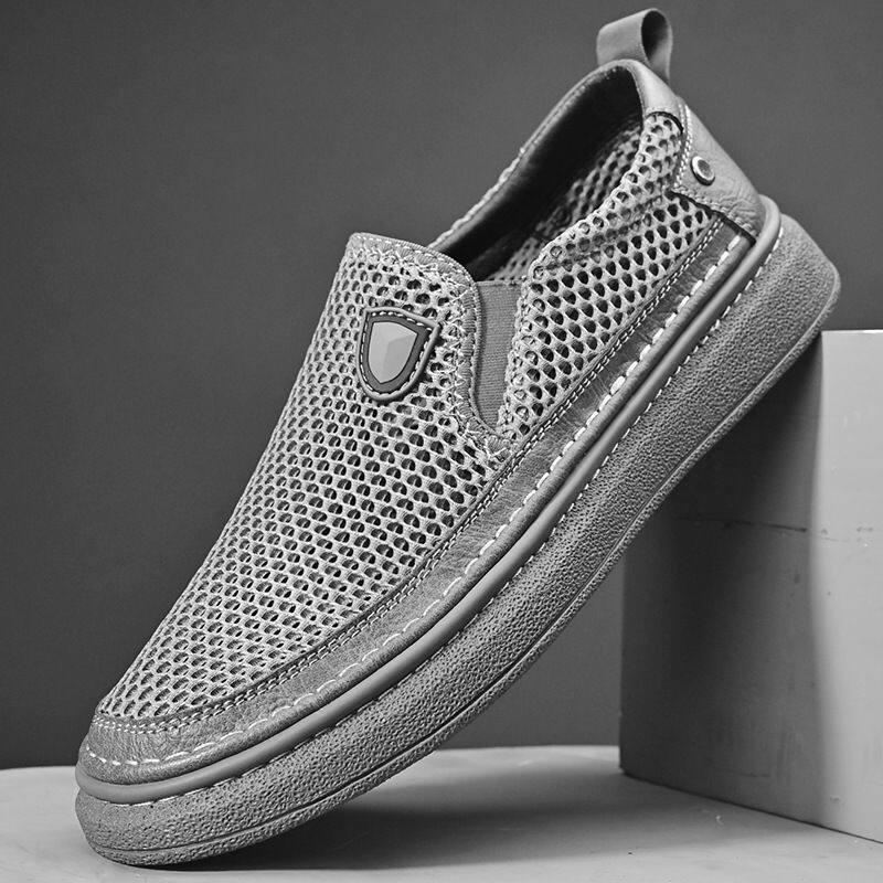 夏季新款网面潮鞋百搭一脚蹬透气运动鞋男士休闲真皮网布牛皮男鞋