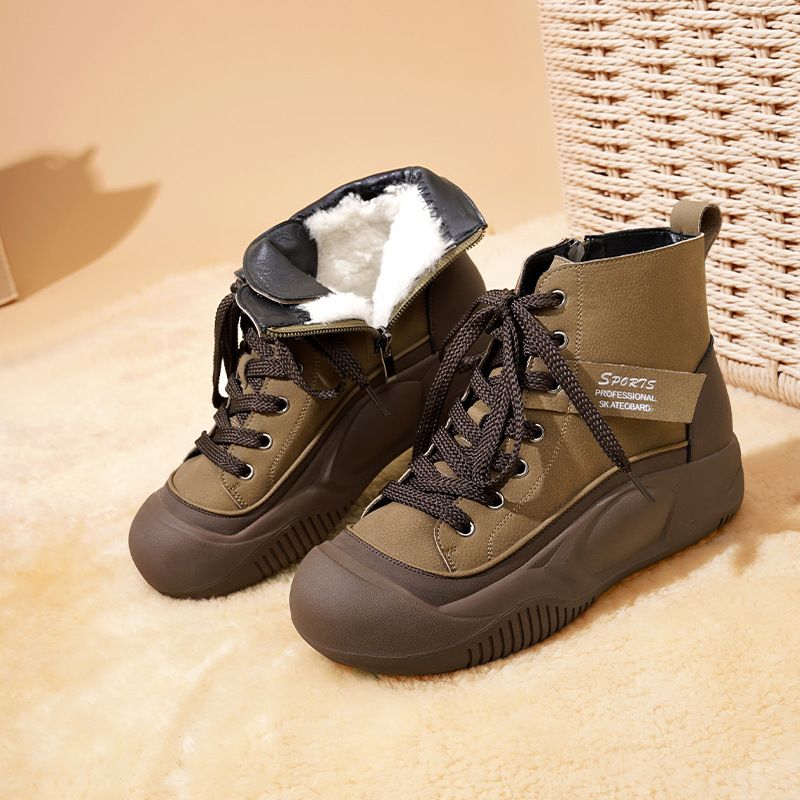 丑萌软皮透气高帮鞋女松糕厚底马丁靴女秋冬新款休闲羊毛短靴