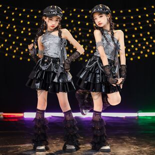 少儿爵士舞演出服女孩街舞银色露肩背心裙子童jazz女童爵士舞服装