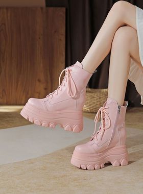 12cm内增高手工皮质厚底系带马丁靴女小个子增高时尚百搭舒适短靴