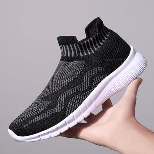 大码 透气轻便软底旅游健步鞋 徒步鞋 飞织透气网布袜子鞋 男夏季 时尚