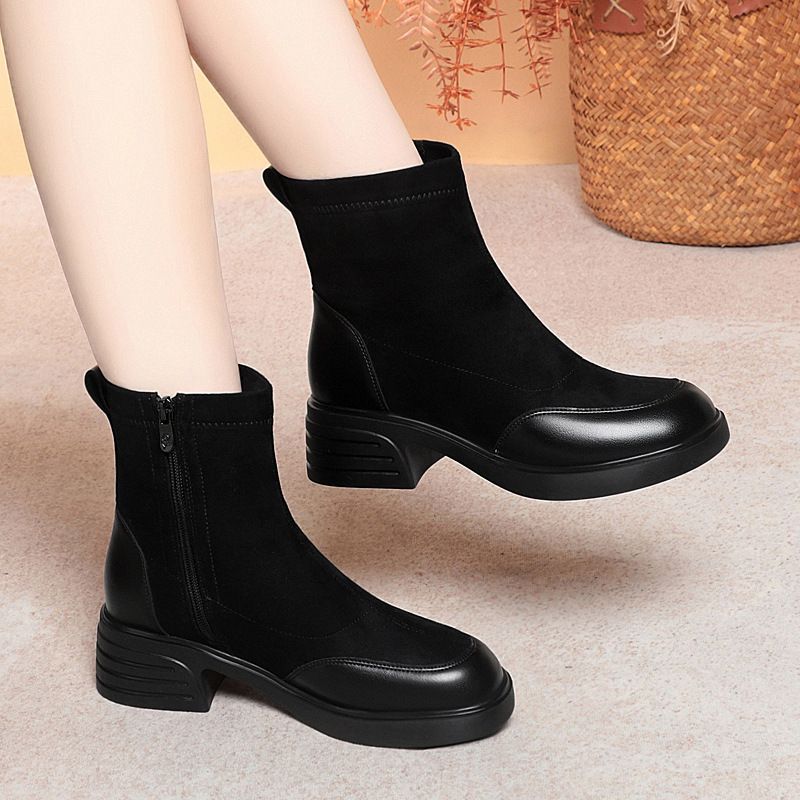 简约高级黑色厚底马丁靴女拼接圆头短靴粗跟棉鞋秋冬瘦瘦靴子