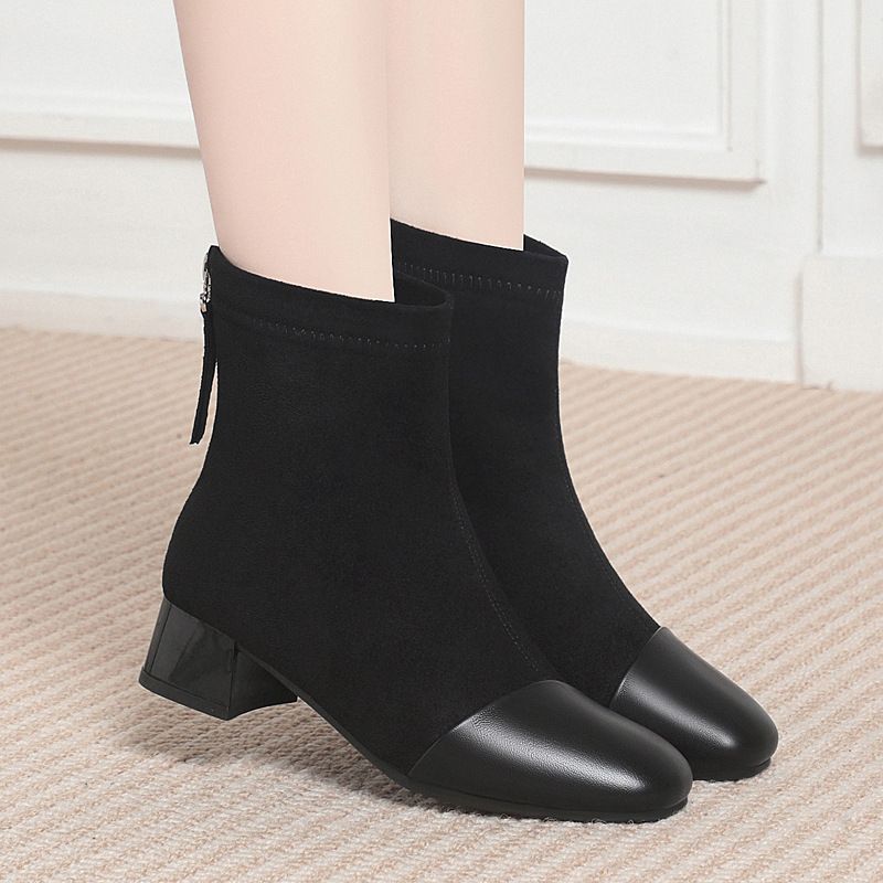 马丁靴粗跟春秋单靴瘦瘦靴秋冬季靴子女绒面拼接短靴简约高级