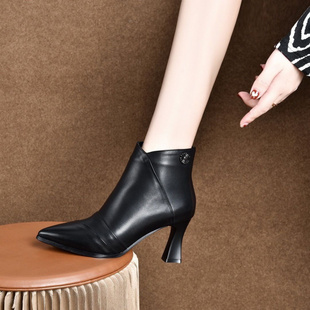 小跟皮鞋 简约高跟短靴2025秋冬新款 女士细跟尖头裸靴气质百搭时尚