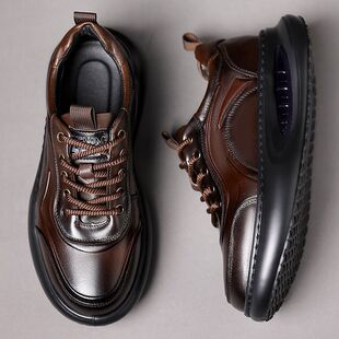 新款男鞋秋季潮鞋头层牛皮男士运动休闲鞋男士厚底增高男鞋老爹鞋