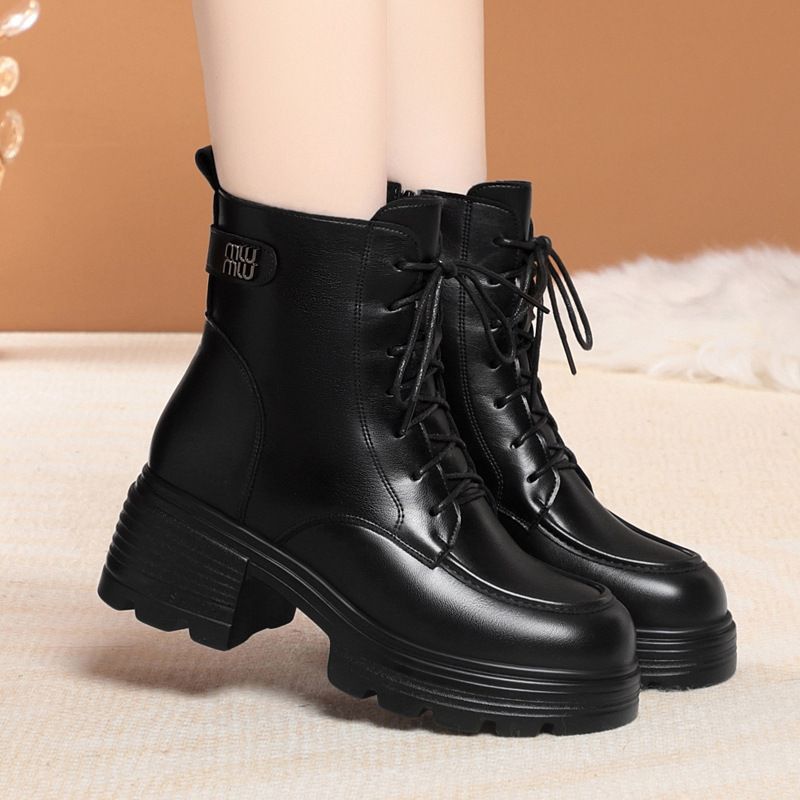 简约高级马丁靴英伦风粗跟短靴厚底保暖皮鞋妈妈棉鞋秋冬棉靴