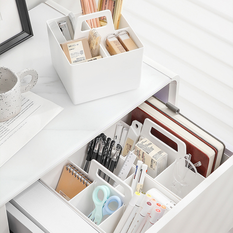 新款简约手提可叠加桌面分类收纳盒大容量长方款四分格文具整理盒