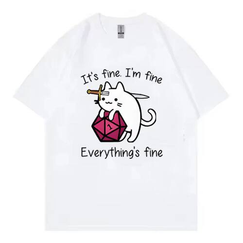 It's fine I'm fine 搞怪猫咪T恤龙与地下城桌游骰子趣味宽松短袖