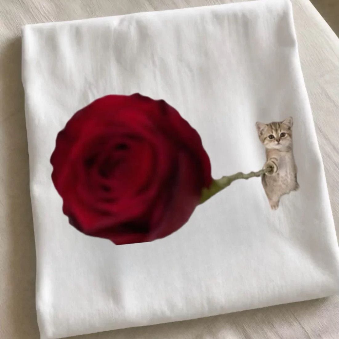 小猫递给你一朵玫瑰花 夏季ins风可爱纯棉短袖情侣款日常休闲T恤图片