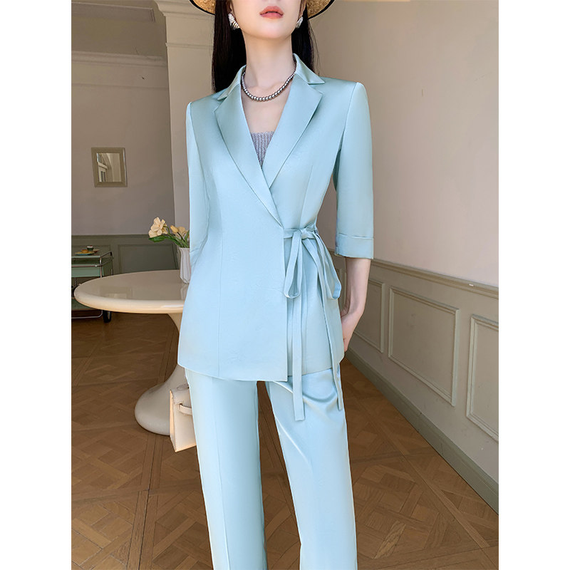 绿色夏天西装套装女高端定制设计感高级感薄款阔腿裤休闲职业西服