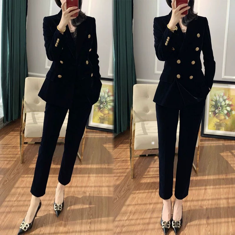 黑色金丝绒西装套装女高端英伦风时尚职业气质女神范秋冬西服外套