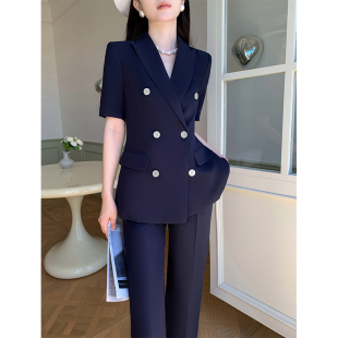 藏青色夏天西装套装女薄款短袖高级感职业正装阔腿裤休闲西服外套