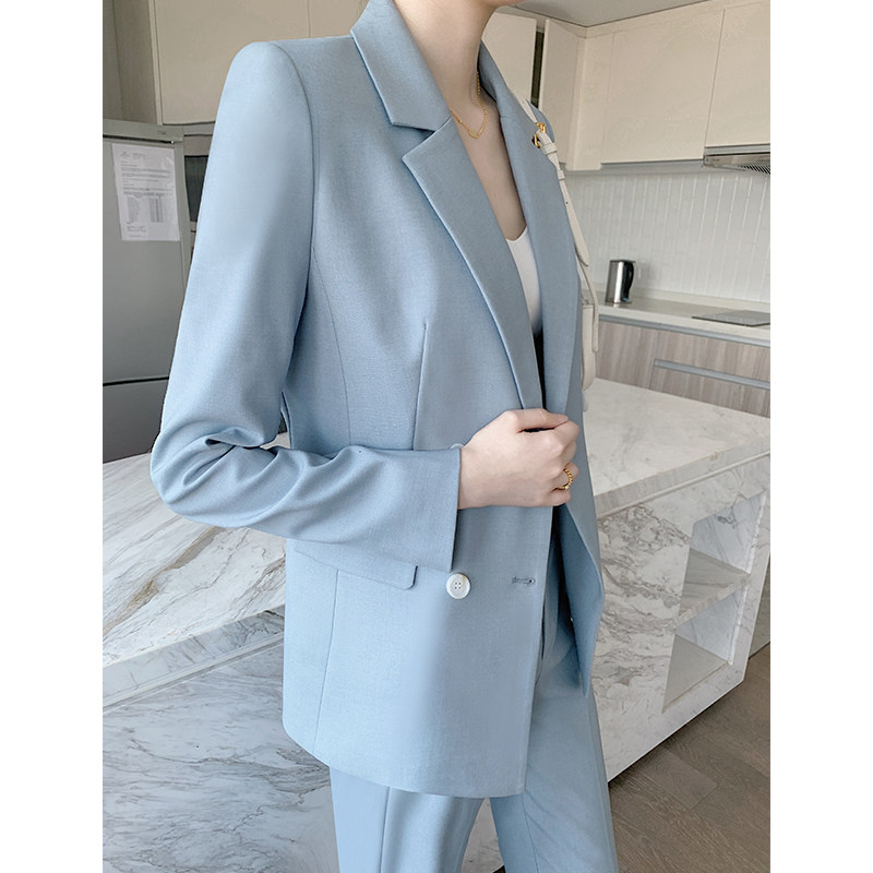 蓝色休闲西装套装女高级感春秋职业正装气质女神范小个子西服外套