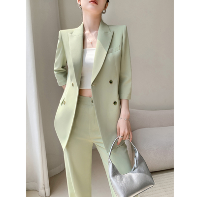 绿色夏季西装套装薄款高级感职业