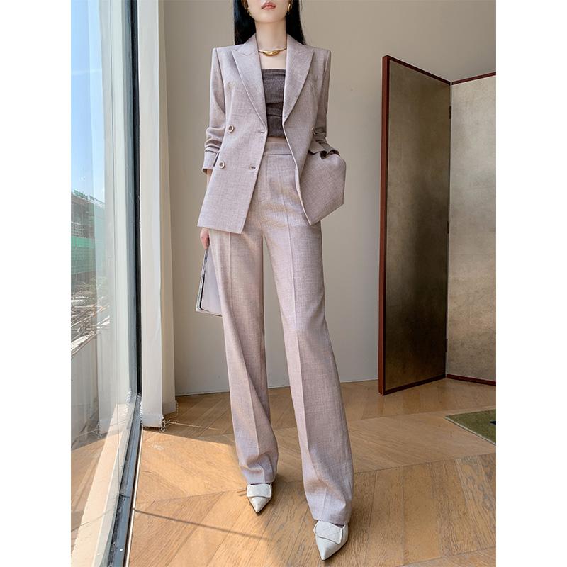 粉色西装套装女2025新款春季轻奢高级感阔腿裤职业主持人西服外套